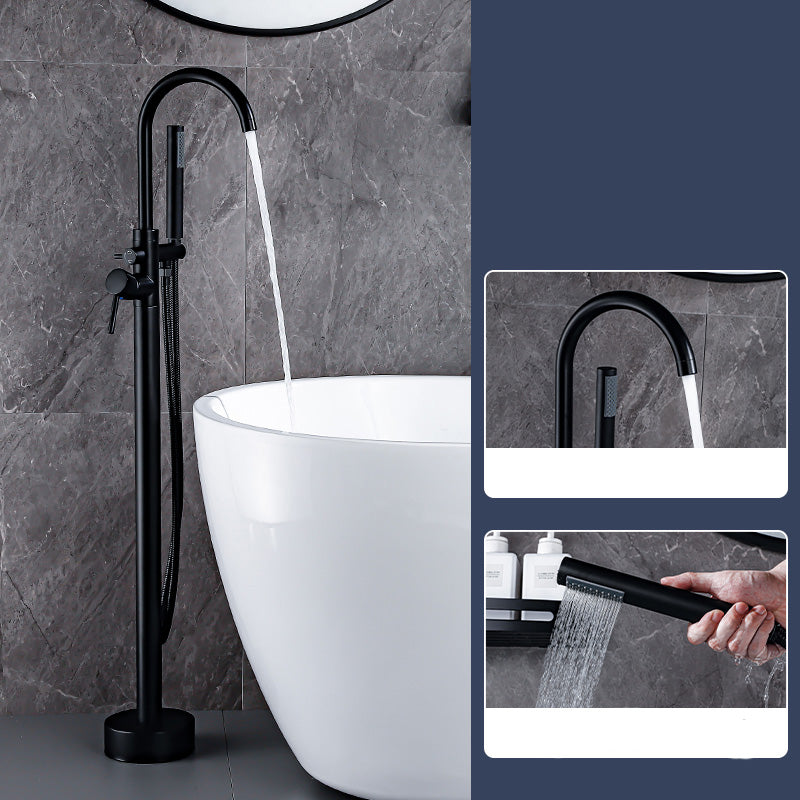 Floor Mount Tub Faucet Single Handle Metal Freestanding Faucet - 46.5" H Black Hand Shower Included Ground Clearhalo 'Bathroom Remodel & Bathroom Fixtures' 'Bathtub Faucets' 'bathtub_faucets' 'Home Improvement' 'home_improvement' 'home_improvement_bathtub_faucets' 6353358