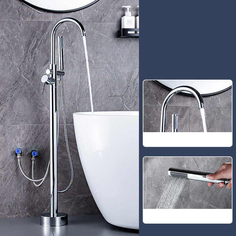 Floor Mount Tub Faucet Single Handle Metal Freestanding Faucet - 46.5" H Silver Hand Shower Included Wall Clearhalo 'Bathroom Remodel & Bathroom Fixtures' 'Bathtub Faucets' 'bathtub_faucets' 'Home Improvement' 'home_improvement' 'home_improvement_bathtub_faucets' 6353363
