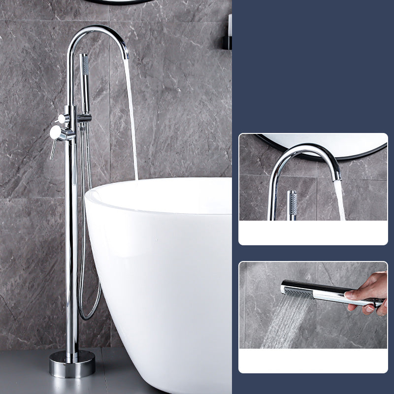 Floor Mount Tub Faucet Single Handle Metal Freestanding Faucet - 46.5" H Silver Hand Shower Included Ground Clearhalo 'Bathroom Remodel & Bathroom Fixtures' 'Bathtub Faucets' 'bathtub_faucets' 'Home Improvement' 'home_improvement' 'home_improvement_bathtub_faucets' 6353366