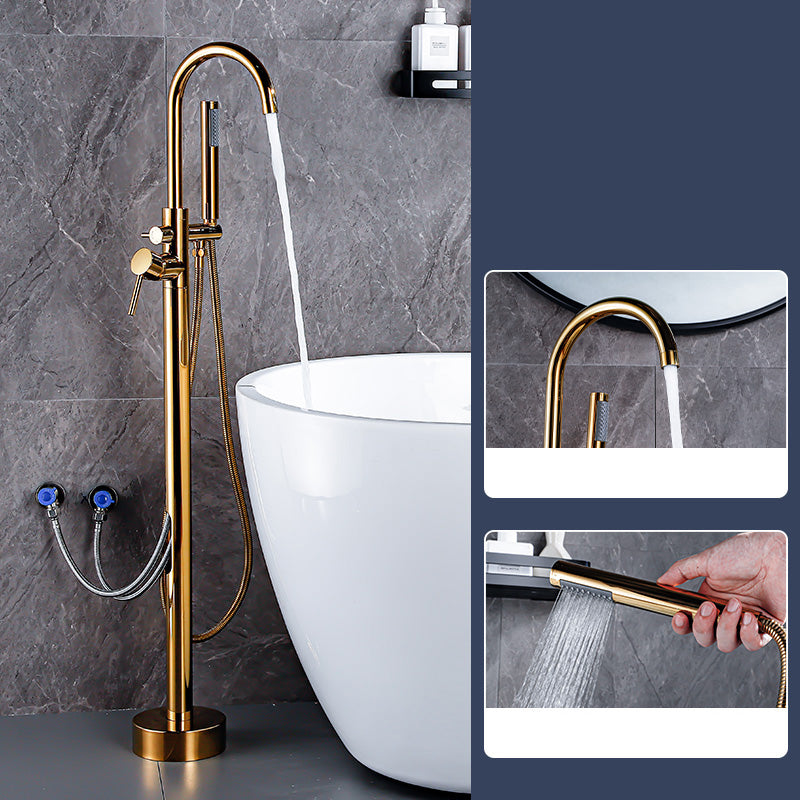 Floor Mount Tub Faucet Single Handle Metal Freestanding Faucet - 46.5" H Gold Hand Shower Included Wall Clearhalo 'Bathroom Remodel & Bathroom Fixtures' 'Bathtub Faucets' 'bathtub_faucets' 'Home Improvement' 'home_improvement' 'home_improvement_bathtub_faucets' 6353371