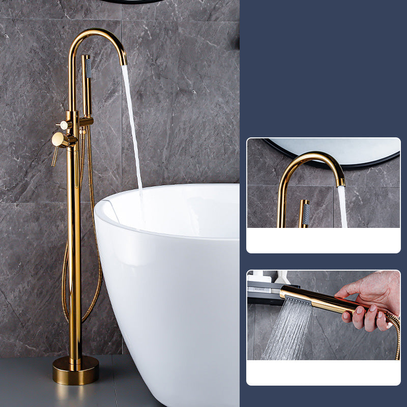 Floor Mount Tub Faucet Single Handle Metal Freestanding Faucet - 46.5" H Gold Hand Shower Included Ground Clearhalo 'Bathroom Remodel & Bathroom Fixtures' 'Bathtub Faucets' 'bathtub_faucets' 'Home Improvement' 'home_improvement' 'home_improvement_bathtub_faucets' 6353374