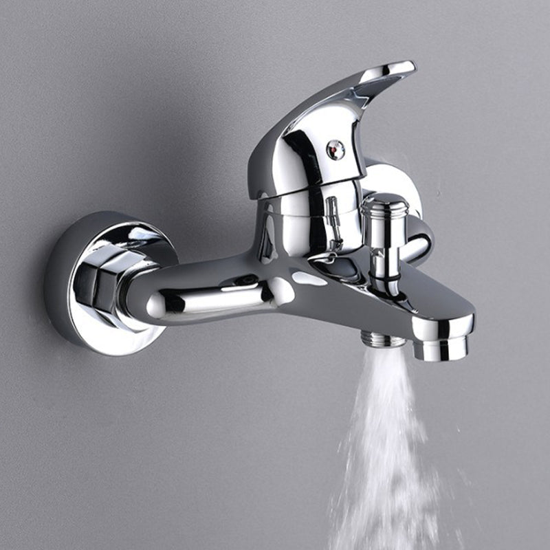 Modern Silver Tub Spout One Handle and Two Hole Brass Wall Mounted Faucet Clearhalo 'Bathroom Remodel & Bathroom Fixtures' 'Bathtub Faucets' 'bathtub_faucets' 'Home Improvement' 'home_improvement' 'home_improvement_bathtub_faucets' 6353402