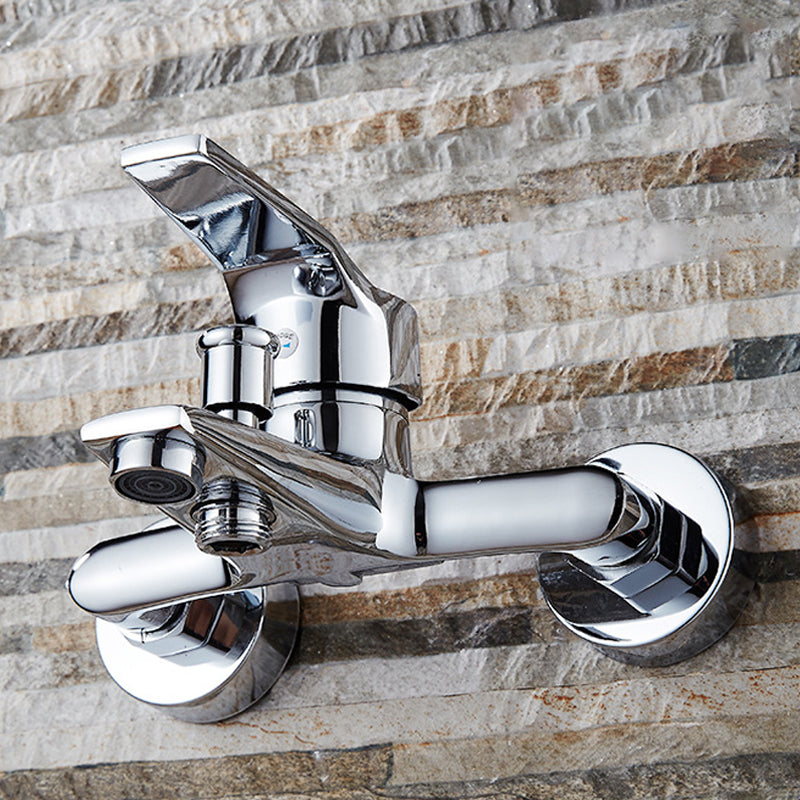 Modern Silver Tub Spout One Handle and Two Hole Brass Wall Mounted Faucet Clearhalo 'Bathroom Remodel & Bathroom Fixtures' 'Bathtub Faucets' 'bathtub_faucets' 'Home Improvement' 'home_improvement' 'home_improvement_bathtub_faucets' 6353411
