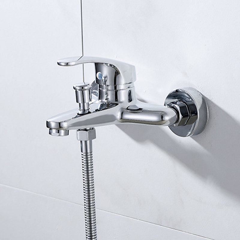Modern Silver Tub Spout One Handle and Two Hole Brass Wall Mounted Faucet Clearhalo 'Bathroom Remodel & Bathroom Fixtures' 'Bathtub Faucets' 'bathtub_faucets' 'Home Improvement' 'home_improvement' 'home_improvement_bathtub_faucets' 6353412