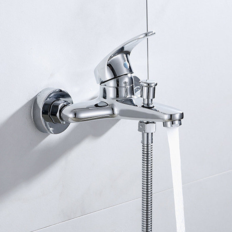 Modern Silver Tub Spout One Handle and Two Hole Brass Wall Mounted Faucet Clearhalo 'Bathroom Remodel & Bathroom Fixtures' 'Bathtub Faucets' 'bathtub_faucets' 'Home Improvement' 'home_improvement' 'home_improvement_bathtub_faucets' 6353413