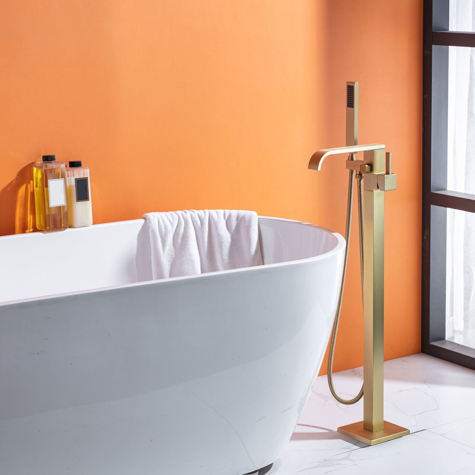 Floor Mounted Tub Spout 1 Handle Freestanding Bathtub Faucet with Handshower Gold Clearhalo 'Bathroom Remodel & Bathroom Fixtures' 'Bathtub Faucets' 'bathtub_faucets' 'Home Improvement' 'home_improvement' 'home_improvement_bathtub_faucets' 6353437