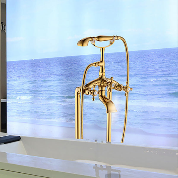 Floor Mounted Tub Spout 3 Handles Traditional Freestanding Tub Filler in Gold Clearhalo 'Bathroom Remodel & Bathroom Fixtures' 'Bathtub Faucets' 'bathtub_faucets' 'Home Improvement' 'home_improvement' 'home_improvement_bathtub_faucets' 6353455