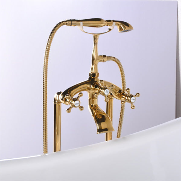 Floor Mounted Tub Spout 3 Handles Traditional Freestanding Tub Filler in Gold Clearhalo 'Bathroom Remodel & Bathroom Fixtures' 'Bathtub Faucets' 'bathtub_faucets' 'Home Improvement' 'home_improvement' 'home_improvement_bathtub_faucets' 6353456