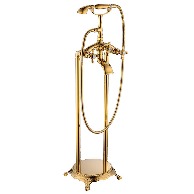 Floor Mounted Tub Spout 3 Handles Traditional Freestanding Tub Filler in Gold Clearhalo 'Bathroom Remodel & Bathroom Fixtures' 'Bathtub Faucets' 'bathtub_faucets' 'Home Improvement' 'home_improvement' 'home_improvement_bathtub_faucets' 6353458