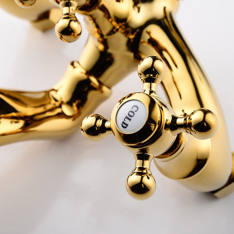 Floor Mounted Tub Spout 3 Handles Traditional Freestanding Tub Filler in Gold Clearhalo 'Bathroom Remodel & Bathroom Fixtures' 'Bathtub Faucets' 'bathtub_faucets' 'Home Improvement' 'home_improvement' 'home_improvement_bathtub_faucets' 6353459