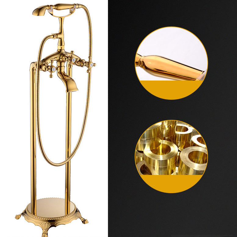 Floor Mounted Tub Spout 3 Handles Traditional Freestanding Tub Filler in Gold Clearhalo 'Bathroom Remodel & Bathroom Fixtures' 'Bathtub Faucets' 'bathtub_faucets' 'Home Improvement' 'home_improvement' 'home_improvement_bathtub_faucets' 6353462