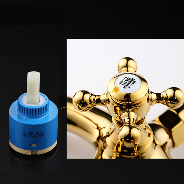 Floor Mounted Tub Spout 3 Handles Traditional Freestanding Tub Filler in Gold Clearhalo 'Bathroom Remodel & Bathroom Fixtures' 'Bathtub Faucets' 'bathtub_faucets' 'Home Improvement' 'home_improvement' 'home_improvement_bathtub_faucets' 6353463