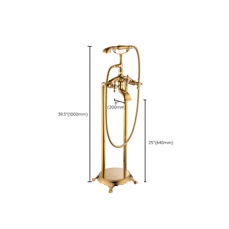 Floor Mounted Tub Spout 3 Handles Traditional Freestanding Tub Filler in Gold Clearhalo 'Bathroom Remodel & Bathroom Fixtures' 'Bathtub Faucets' 'bathtub_faucets' 'Home Improvement' 'home_improvement' 'home_improvement_bathtub_faucets' 6353465