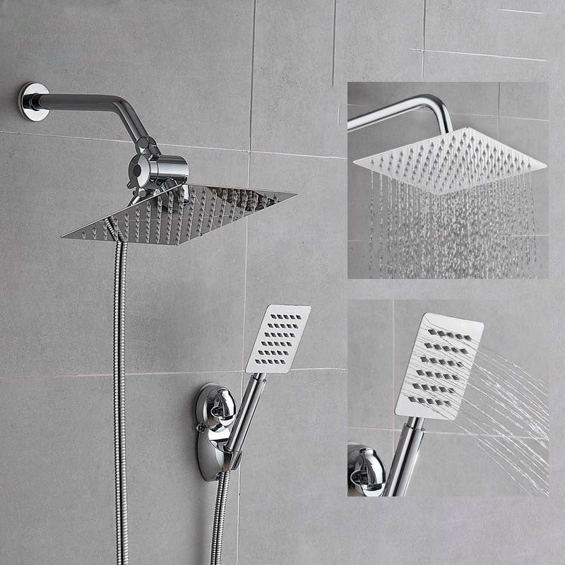 Silver Square Dual Shower Head Modern Water Filtration Wall-Mount Showerhead Clearhalo 'Bathroom Remodel & Bathroom Fixtures' 'Home Improvement' 'home_improvement' 'home_improvement_shower_heads' 'Shower Heads' 'shower_heads' 'Showers & Bathtubs Plumbing' 'Showers & Bathtubs' 6354404