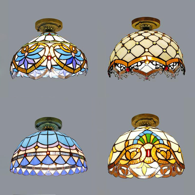 Tiffany Style Victorian/Flower/Pearl/Baroque Design Flush Lamp Stained Glass Shade 1 Head Flush Mount Light in Antique Brass/Bronze for Living Room Clearhalo 'Ceiling Lights' 'Close To Ceiling Lights' 'Close to ceiling' 'Glass shade' 'Glass' 'Semi-flushmount' 'Tiffany close to ceiling' 'Tiffany' Lighting' 63556
