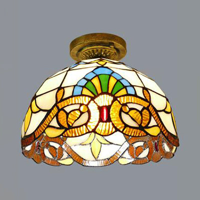 Tiffany Style Victorian/Flower/Pearl/Baroque Design Flush Lamp Stained Glass Shade 1 Head Flush Mount Light in Antique Brass/Bronze for Living Room Clearhalo 'Ceiling Lights' 'Close To Ceiling Lights' 'Close to ceiling' 'Glass shade' 'Glass' 'Semi-flushmount' 'Tiffany close to ceiling' 'Tiffany' Lighting' 63557