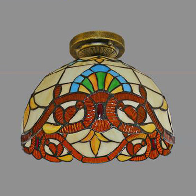 Tiffany Style Victorian/Flower/Pearl/Baroque Design Flush Lamp Stained Glass Shade 1 Head Flush Mount Light in Antique Brass/Bronze for Living Room Clearhalo 'Ceiling Lights' 'Close To Ceiling Lights' 'Close to ceiling' 'Glass shade' 'Glass' 'Semi-flushmount' 'Tiffany close to ceiling' 'Tiffany' Lighting' 63558