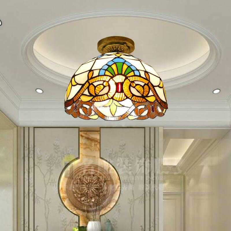 Tiffany Style Victorian/Flower/Pearl/Baroque Design Flush Lamp Stained Glass Shade 1 Head Flush Mount Light in Antique Brass/Bronze for Living Room Antique Brass Victorian Clearhalo 'Ceiling Lights' 'Close To Ceiling Lights' 'Close to ceiling' 'Glass shade' 'Glass' 'Semi-flushmount' 'Tiffany close to ceiling' 'Tiffany' Lighting' 63559