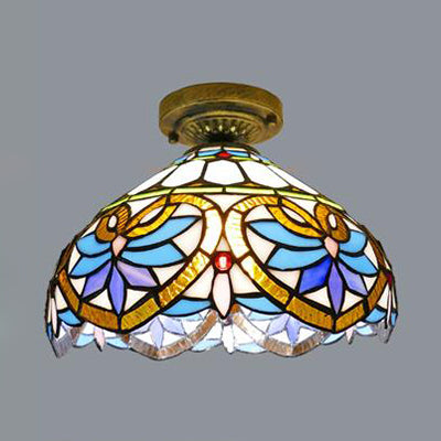 Tiffany Style Victorian/Flower/Pearl/Baroque Design Flush Lamp Stained Glass Shade 1 Head Flush Mount Light in Antique Brass/Bronze for Living Room Antique Brass Flower Clearhalo 'Ceiling Lights' 'Close To Ceiling Lights' 'Close to ceiling' 'Glass shade' 'Glass' 'Semi-flushmount' 'Tiffany close to ceiling' 'Tiffany' Lighting' 63560