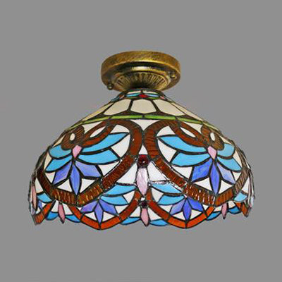 Tiffany Style Victorian/Flower/Pearl/Baroque Design Flush Lamp Stained Glass Shade 1 Head Flush Mount Light in Antique Brass/Bronze for Living Room Clearhalo 'Ceiling Lights' 'Close To Ceiling Lights' 'Close to ceiling' 'Glass shade' 'Glass' 'Semi-flushmount' 'Tiffany close to ceiling' 'Tiffany' Lighting' 63561