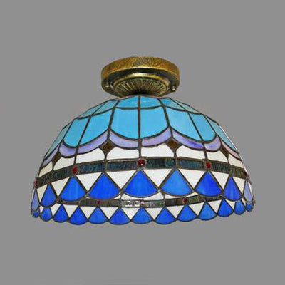 Tiffany Style Victorian/Flower/Pearl/Baroque Design Flush Lamp Stained Glass Shade 1 Head Flush Mount Light in Antique Brass/Bronze for Living Room Clearhalo 'Ceiling Lights' 'Close To Ceiling Lights' 'Close to ceiling' 'Glass shade' 'Glass' 'Semi-flushmount' 'Tiffany close to ceiling' 'Tiffany' Lighting' 63563