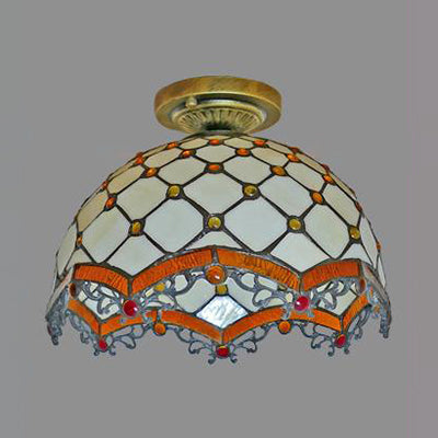 Tiffany Style Victorian/Flower/Pearl/Baroque Design Flush Lamp Stained Glass Shade 1 Head Flush Mount Light in Antique Brass/Bronze for Living Room Clearhalo 'Ceiling Lights' 'Close To Ceiling Lights' 'Close to ceiling' 'Glass shade' 'Glass' 'Semi-flushmount' 'Tiffany close to ceiling' 'Tiffany' Lighting' 63565