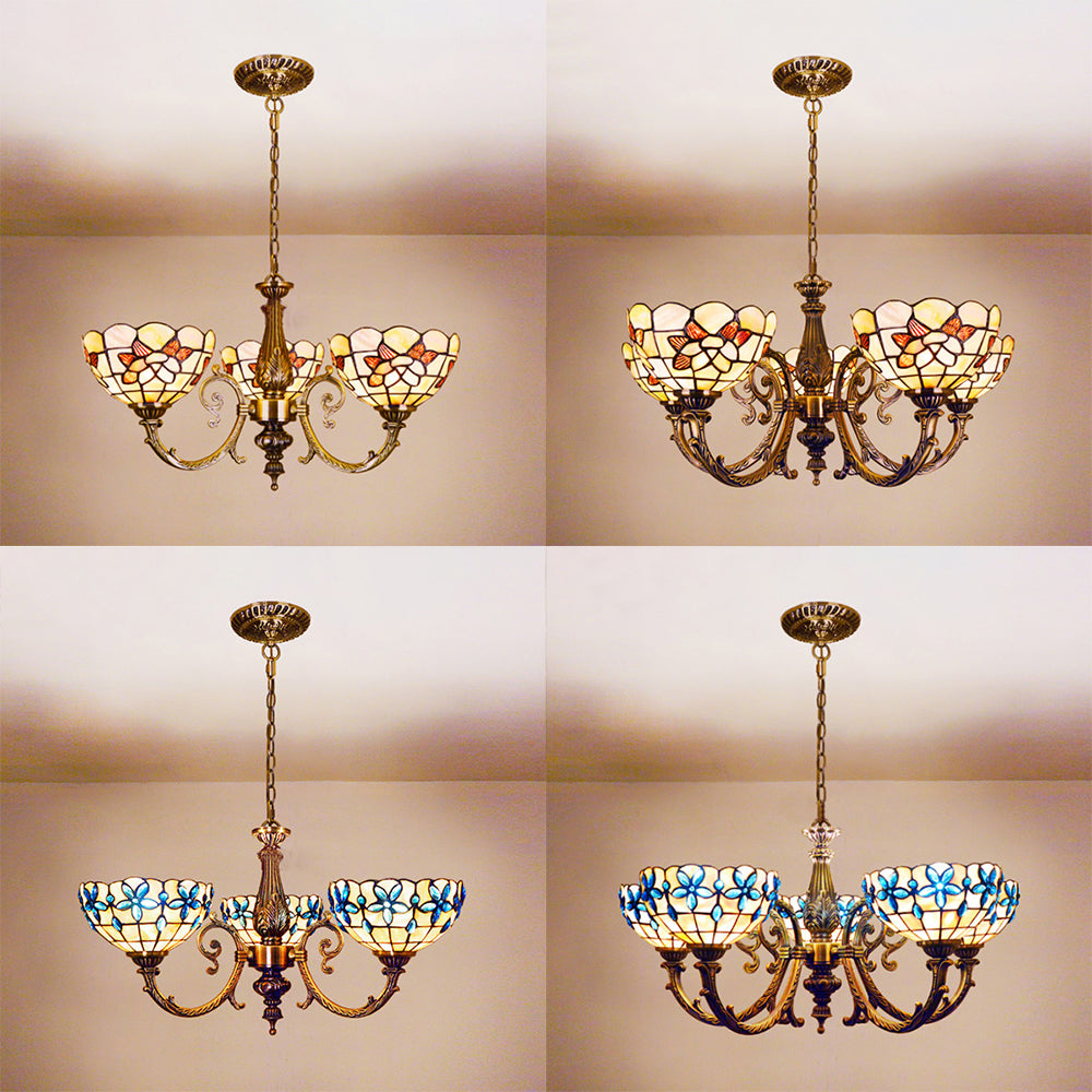 Vintage Scalloped Hanging Light Stained Glass 3/5 Lights Floral Inverted Chandelier with Chain in Red/Blue for Bedroom Clearhalo 'Ceiling Lights' 'Chandeliers' 'Close To Ceiling Lights' 'Industrial' 'Middle Century Chandeliers' 'Tiffany Chandeliers' 'Tiffany close to ceiling' 'Tiffany' Lighting' 63566