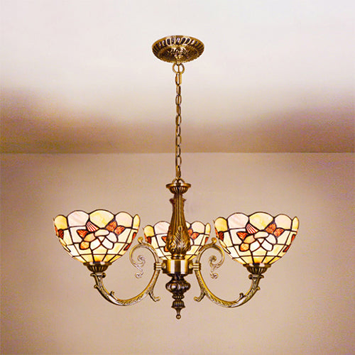 Vintage Scalloped Hanging Light Stained Glass 3/5 Lights Floral Inverted Chandelier with Chain in Red/Blue for Bedroom Clearhalo 'Ceiling Lights' 'Chandeliers' 'Close To Ceiling Lights' 'Industrial' 'Middle Century Chandeliers' 'Tiffany Chandeliers' 'Tiffany close to ceiling' 'Tiffany' Lighting' 63567