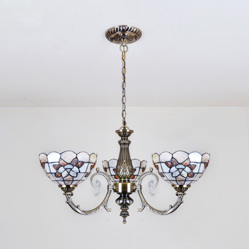 Vintage Scalloped Hanging Light Stained Glass 3/5 Lights Floral Inverted Chandelier with Chain in Red/Blue for Bedroom Clearhalo 'Ceiling Lights' 'Chandeliers' 'Close To Ceiling Lights' 'Industrial' 'Middle Century Chandeliers' 'Tiffany Chandeliers' 'Tiffany close to ceiling' 'Tiffany' Lighting' 63568