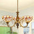 Vintage Scalloped Hanging Light Stained Glass 3/5 Lights Floral Inverted Chandelier with Chain in Red/Blue for Bedroom 3 Red Clearhalo 'Ceiling Lights' 'Chandeliers' 'Close To Ceiling Lights' 'Industrial' 'Middle Century Chandeliers' 'Tiffany Chandeliers' 'Tiffany close to ceiling' 'Tiffany' Lighting' 63569