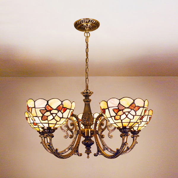 Vintage Scalloped Hanging Light Stained Glass 3/5 Lights Floral Inverted Chandelier with Chain in Red/Blue for Bedroom Clearhalo 'Ceiling Lights' 'Chandeliers' 'Close To Ceiling Lights' 'Industrial' 'Middle Century Chandeliers' 'Tiffany Chandeliers' 'Tiffany close to ceiling' 'Tiffany' Lighting' 63570