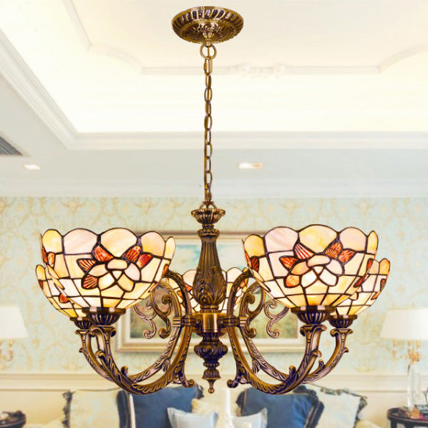 Vintage Scalloped Hanging Light Stained Glass 3/5 Lights Floral Inverted Chandelier with Chain in Red/Blue for Bedroom Clearhalo 'Ceiling Lights' 'Chandeliers' 'Close To Ceiling Lights' 'Industrial' 'Middle Century Chandeliers' 'Tiffany Chandeliers' 'Tiffany close to ceiling' 'Tiffany' Lighting' 63573