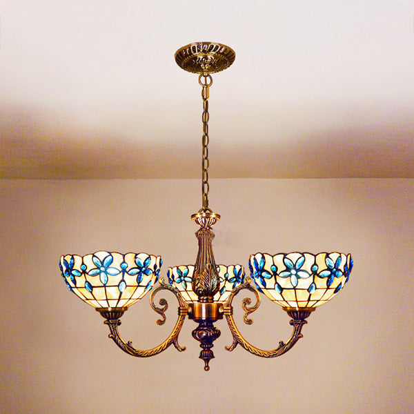 Vintage Scalloped Hanging Light Stained Glass 3/5 Lights Floral Inverted Chandelier with Chain in Red/Blue for Bedroom Clearhalo 'Ceiling Lights' 'Chandeliers' 'Close To Ceiling Lights' 'Industrial' 'Middle Century Chandeliers' 'Tiffany Chandeliers' 'Tiffany close to ceiling' 'Tiffany' Lighting' 63575