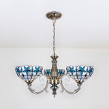 Vintage Scalloped Hanging Light Stained Glass 3/5 Lights Floral Inverted Chandelier with Chain in Red/Blue for Bedroom Clearhalo 'Ceiling Lights' 'Chandeliers' 'Close To Ceiling Lights' 'Industrial' 'Middle Century Chandeliers' 'Tiffany Chandeliers' 'Tiffany close to ceiling' 'Tiffany' Lighting' 63576