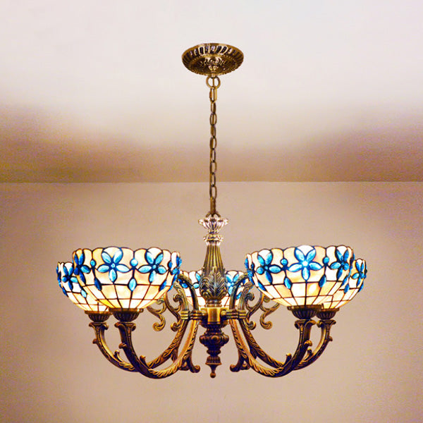 Vintage Scalloped Hanging Light Stained Glass 3/5 Lights Floral Inverted Chandelier with Chain in Red/Blue for Bedroom Clearhalo 'Ceiling Lights' 'Chandeliers' 'Close To Ceiling Lights' 'Industrial' 'Middle Century Chandeliers' 'Tiffany Chandeliers' 'Tiffany close to ceiling' 'Tiffany' Lighting' 63578