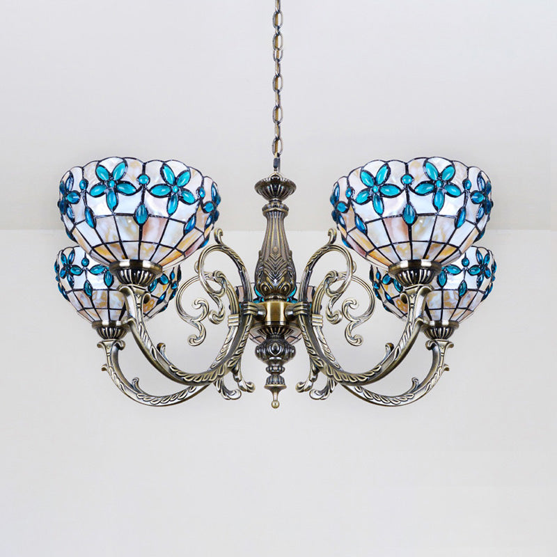 Vintage Scalloped Hanging Light Stained Glass 3/5 Lights Floral Inverted Chandelier with Chain in Red/Blue for Bedroom Clearhalo 'Ceiling Lights' 'Chandeliers' 'Close To Ceiling Lights' 'Industrial' 'Middle Century Chandeliers' 'Tiffany Chandeliers' 'Tiffany close to ceiling' 'Tiffany' Lighting' 63579