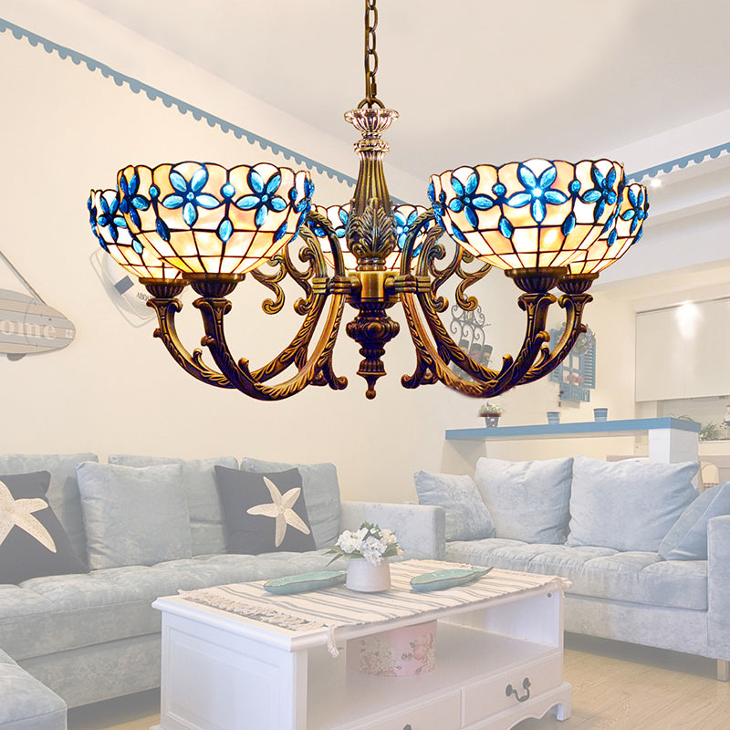 Vintage Scalloped Hanging Light Stained Glass 3/5 Lights Floral Inverted Chandelier with Chain in Red/Blue for Bedroom 5 Blue Clearhalo 'Ceiling Lights' 'Chandeliers' 'Close To Ceiling Lights' 'Industrial' 'Middle Century Chandeliers' 'Tiffany Chandeliers' 'Tiffany close to ceiling' 'Tiffany' Lighting' 63581