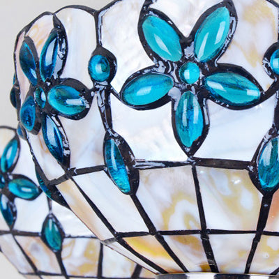 Vintage Scalloped Hanging Light Stained Glass 3/5 Lights Floral Inverted Chandelier with Chain in Red/Blue for Bedroom Clearhalo 'Ceiling Lights' 'Chandeliers' 'Close To Ceiling Lights' 'Industrial' 'Middle Century Chandeliers' 'Tiffany Chandeliers' 'Tiffany close to ceiling' 'Tiffany' Lighting' 63582
