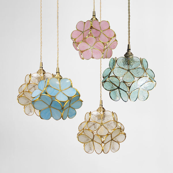1 Light Flower Hanging Ceiling Light Tiffany Style Blue/Clear/Pink Stainless Glass Suspension Pendant Light Clearhalo 'Ceiling Lights' 'Chandeliers' 'Industrial' 'Middle Century Pendants' 'Pendant Lights' 'Pendants' 'Tiffany close to ceiling' 'Tiffany Pendants' 'Tiffany' Lighting' 63608
