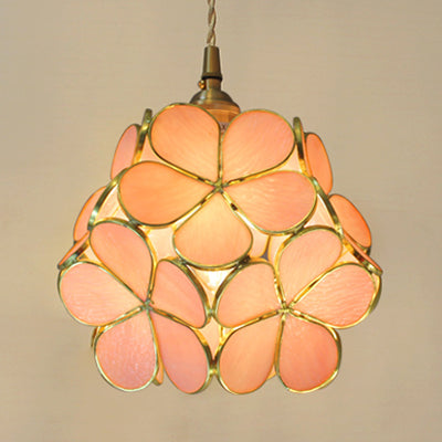 1 Light Flower Hanging Ceiling Light Tiffany Style Blue/Clear/Pink Stainless Glass Suspension Pendant Light Clearhalo 'Ceiling Lights' 'Chandeliers' 'Industrial' 'Middle Century Pendants' 'Pendant Lights' 'Pendants' 'Tiffany close to ceiling' 'Tiffany Pendants' 'Tiffany' Lighting' 63610