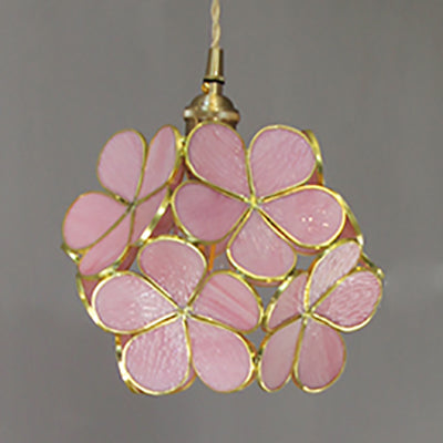 1 Light Flower Hanging Ceiling Light Tiffany Style Blue/Clear/Pink Stainless Glass Suspension Pendant Light Clearhalo 'Ceiling Lights' 'Chandeliers' 'Industrial' 'Middle Century Pendants' 'Pendant Lights' 'Pendants' 'Tiffany close to ceiling' 'Tiffany Pendants' 'Tiffany' Lighting' 63611