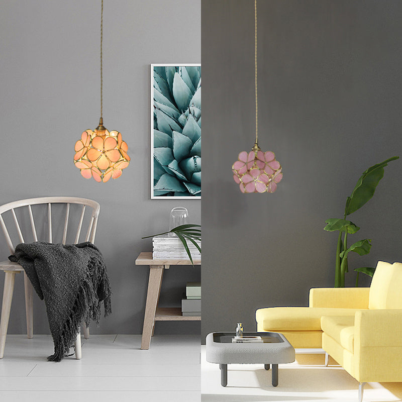 1 Light Flower Hanging Ceiling Light Tiffany Style Blue/Clear/Pink Stainless Glass Suspension Pendant Light Clearhalo 'Ceiling Lights' 'Chandeliers' 'Industrial' 'Middle Century Pendants' 'Pendant Lights' 'Pendants' 'Tiffany close to ceiling' 'Tiffany Pendants' 'Tiffany' Lighting' 63613