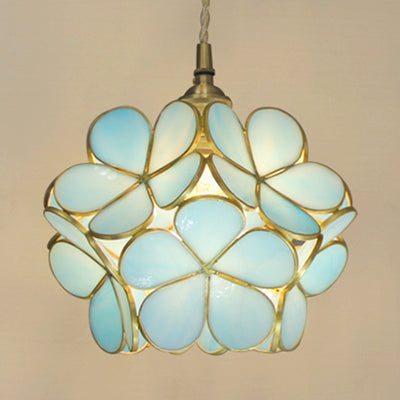1 Light Flower Hanging Ceiling Light Tiffany Style Blue/Clear/Pink Stainless Glass Suspension Pendant Light Clearhalo 'Ceiling Lights' 'Chandeliers' 'Industrial' 'Middle Century Pendants' 'Pendant Lights' 'Pendants' 'Tiffany close to ceiling' 'Tiffany Pendants' 'Tiffany' Lighting' 63618