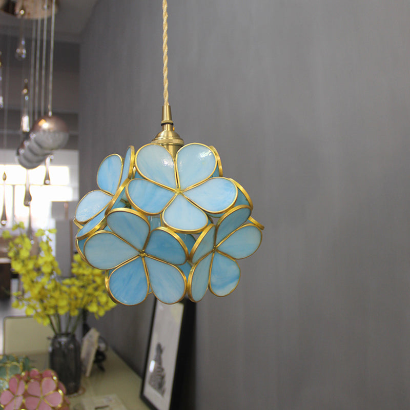 1 Light Flower Hanging Ceiling Light Tiffany Style Blue/Clear/Pink Stainless Glass Suspension Pendant Light Blue Clearhalo 'Ceiling Lights' 'Chandeliers' 'Industrial' 'Middle Century Pendants' 'Pendant Lights' 'Pendants' 'Tiffany close to ceiling' 'Tiffany Pendants' 'Tiffany' Lighting' 63619