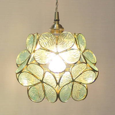 1 Light Flower Hanging Ceiling Light Tiffany Style Blue/Clear/Pink Stainless Glass Suspension Pendant Light Clearhalo 'Ceiling Lights' 'Chandeliers' 'Industrial' 'Middle Century Pendants' 'Pendant Lights' 'Pendants' 'Tiffany close to ceiling' 'Tiffany Pendants' 'Tiffany' Lighting' 63620