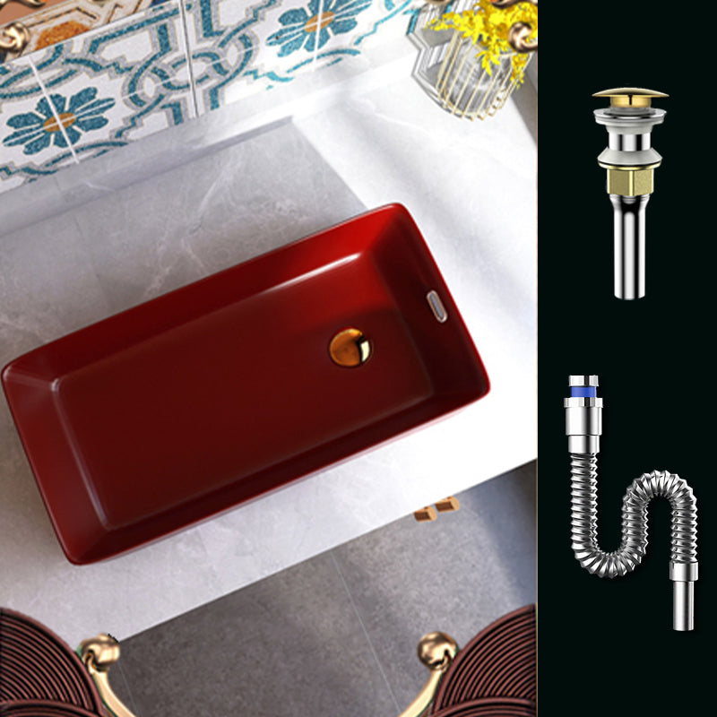 Contemporary Bathroom Sink with Single Faucet Hole Porcelain Rectangular Vessel Red Sink Clearhalo 'Bathroom Remodel & Bathroom Fixtures' 'Bathroom Sinks & Faucet Components' 'Bathroom Sinks' 'bathroom_sink' 'Home Improvement' 'home_improvement' 'home_improvement_bathroom_sink' 6365868