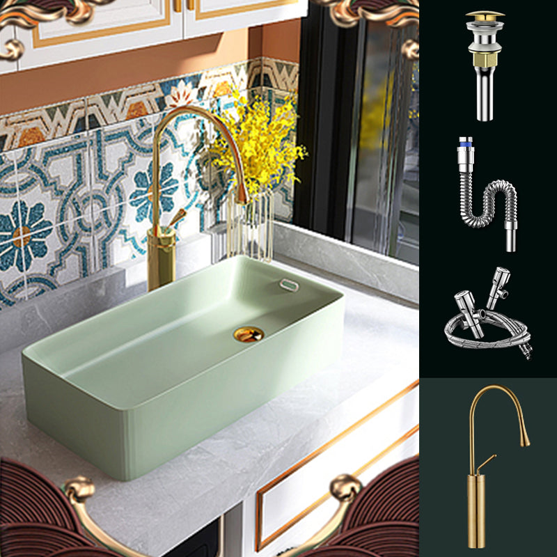 Contemporary Bathroom Sink with Single Faucet Hole Porcelain Rectangular Vessel Green Sink with Faucet Clearhalo 'Bathroom Remodel & Bathroom Fixtures' 'Bathroom Sinks & Faucet Components' 'Bathroom Sinks' 'bathroom_sink' 'Home Improvement' 'home_improvement' 'home_improvement_bathroom_sink' 6365877