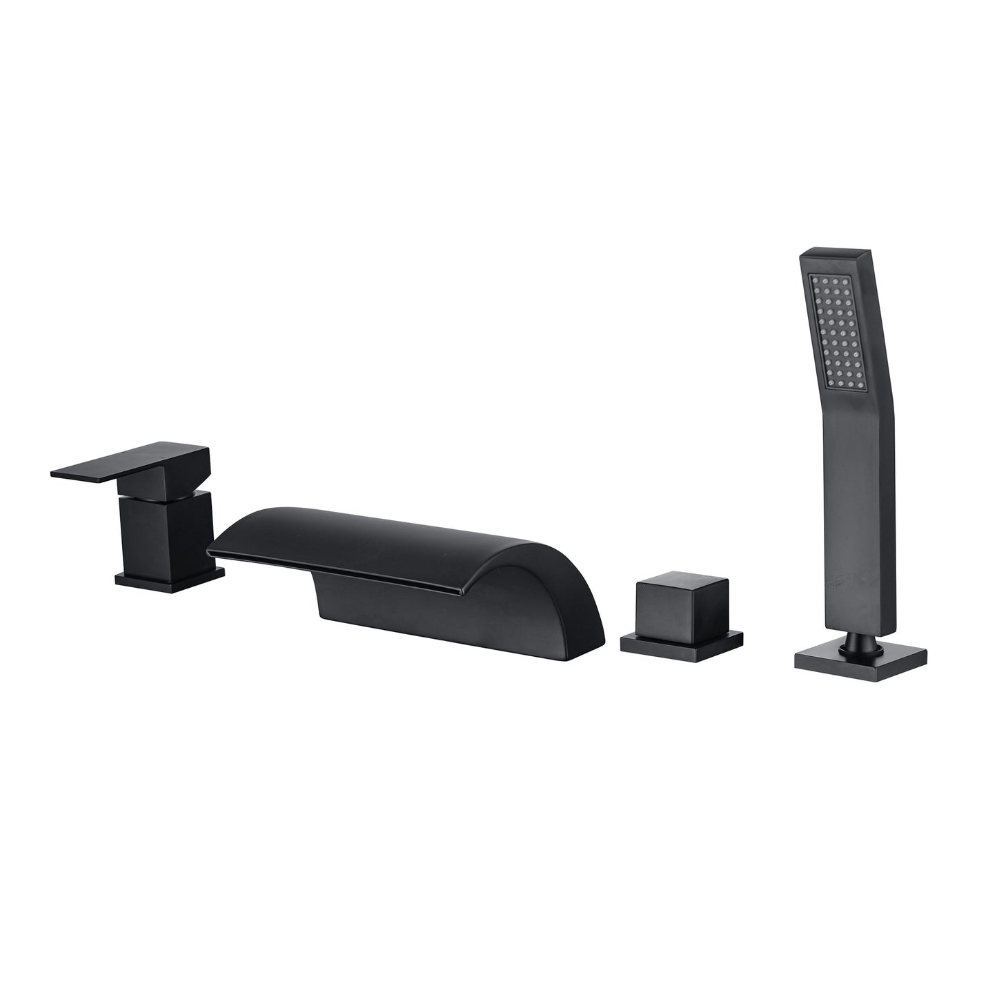 Modern Waterfall Tub Spout 2 Handles Deck Mount Roman Tub Faucet in Black and Chrome Black 4 Hole Faucets Clearhalo 'Bathroom Remodel & Bathroom Fixtures' 'Bathtub Faucets' 'bathtub_faucets' 'Home Improvement' 'home_improvement' 'home_improvement_bathtub_faucets' 6365967