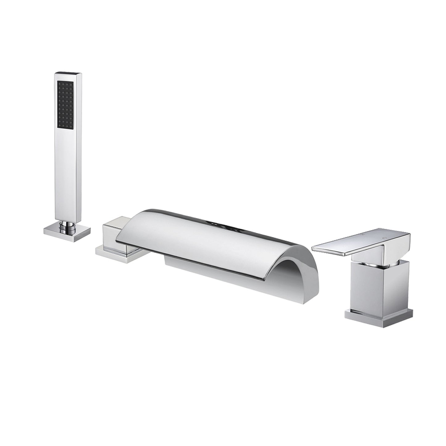 Modern Waterfall Tub Spout 2 Handles Deck Mount Roman Tub Faucet in Black and Chrome Chrome 4 Hole Faucets Clearhalo 'Bathroom Remodel & Bathroom Fixtures' 'Bathtub Faucets' 'bathtub_faucets' 'Home Improvement' 'home_improvement' 'home_improvement_bathtub_faucets' 6365969
