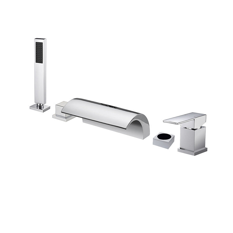 Modern Waterfall Tub Spout 2 Handles Deck Mount Roman Tub Faucet in Black and Chrome Chrome 5 Hole Faucets Clearhalo 'Bathroom Remodel & Bathroom Fixtures' 'Bathtub Faucets' 'bathtub_faucets' 'Home Improvement' 'home_improvement' 'home_improvement_bathtub_faucets' 6365972